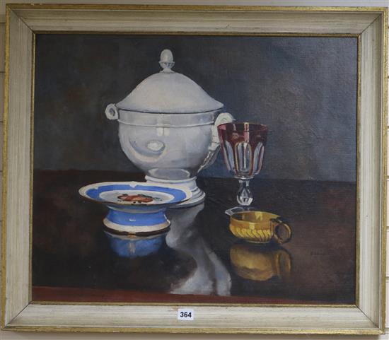 English School, oil on canvas, still life of ornaments on a table top, indistinctly signed, 53 x 64cm